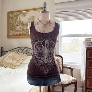 Y2K zona libre brown fleur de lis rhinestone tank top size medium